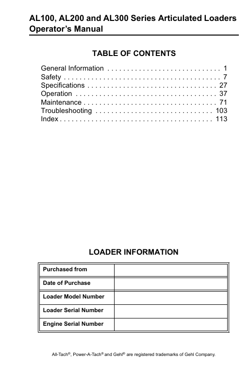 GEHL AL140 AL240 AL340 Articulated Loader Owner's Manual 918441 PDF