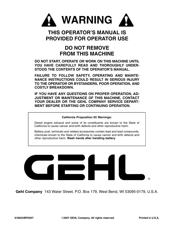 GEHL AL20DX Series II Articulated Loader Operation & Maintenance Manual PDF