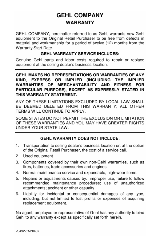 GEHL AL440 & AL540 Loader Operator's Manual PDF – Manual 918442
