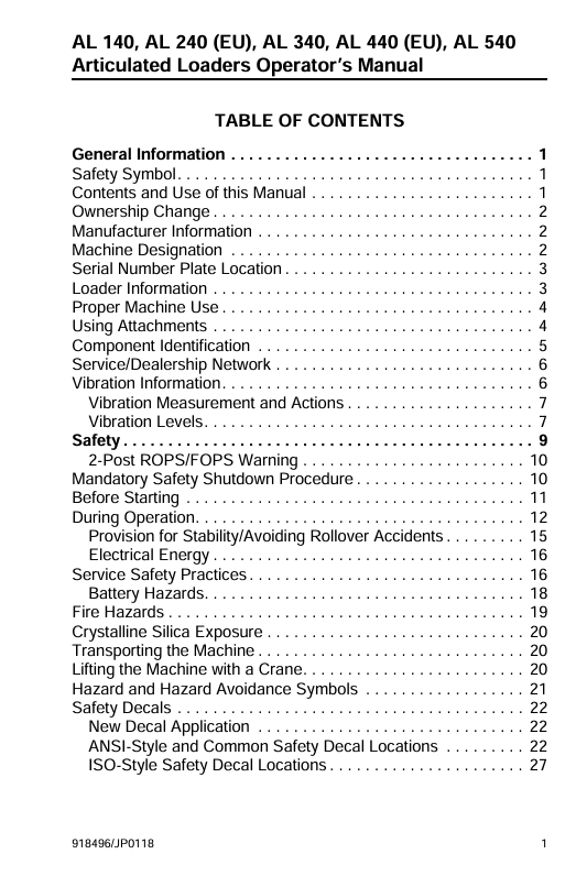 GEHL AL Series Loader Operator Manual 918496 PDF Download