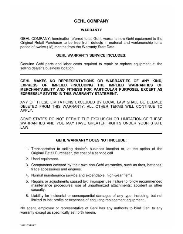 GEHL AWS36 Loader Operator Manual PDF – Manual No. 918264