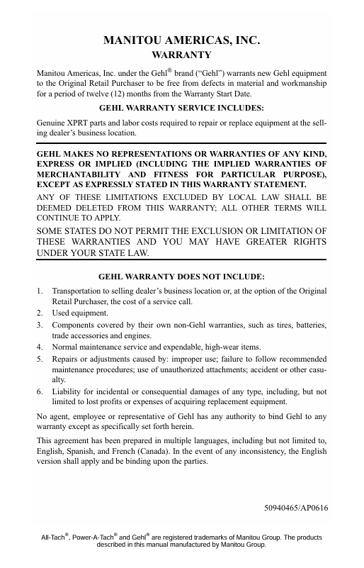 GEHL Articulated Loader AL140 AL540 Operator Manual Download PDF