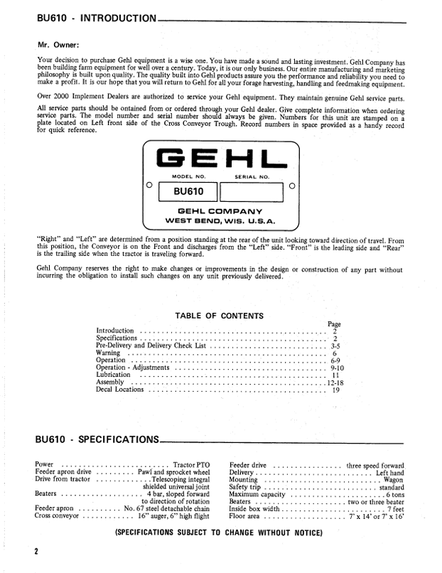 GEHL BU 610 Forage Box Operators Manual 901651 PDF