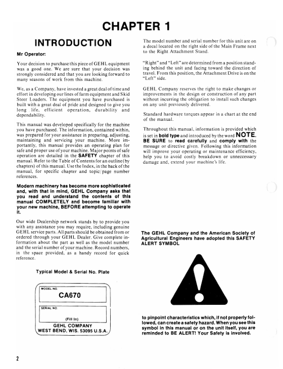 GEHL CA670 One Row Crop Attachment Service & Operation Manual PDF