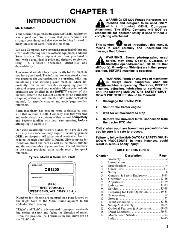 GEHL CB1200 Forage Harvester Owner's Manual PDF Download