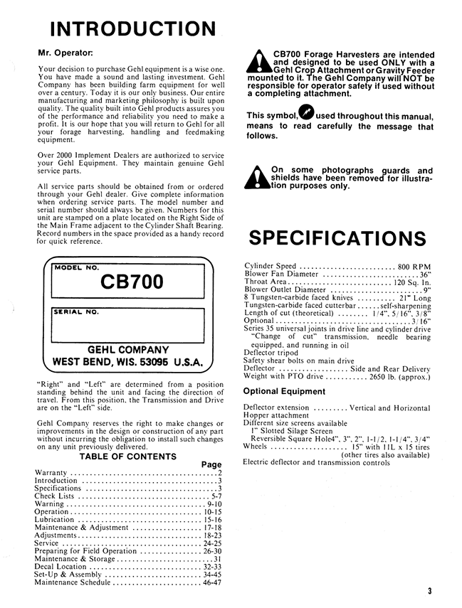 GEHL CB 700 Forage Harvester Owners & Operator Manual 902106 PDF