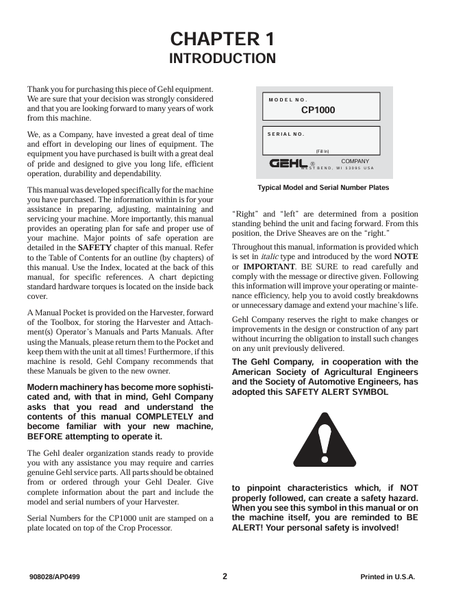 GEHL CP1000 Crop Processor Operation & Maintenance Manual 908028 PDF