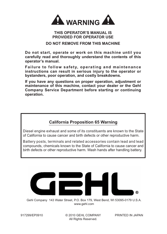 GEHL CTL85 Compact Track Loader Operator Manual 917299 PDF