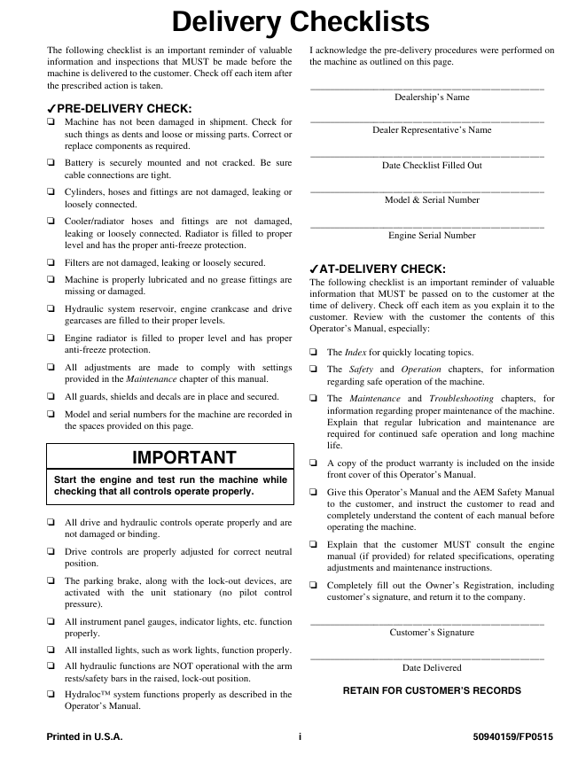 GEHL Compact Track Loader RT175, RT210, RT250 PDF Operator Manual – 50940159