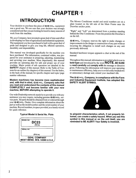 GEHL DC2300 Series Disc Mower Conditioner Operation & Maintenance Manual PDF