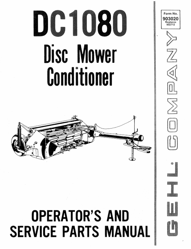 GEHL DC 1080 Disc Mower Conditioner Operator & Service Parts Manual PDF