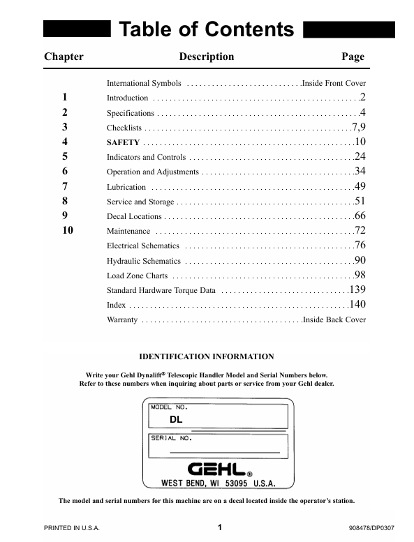 GEHL DL Series Telescopic Handler Owner's Manual PDF Download