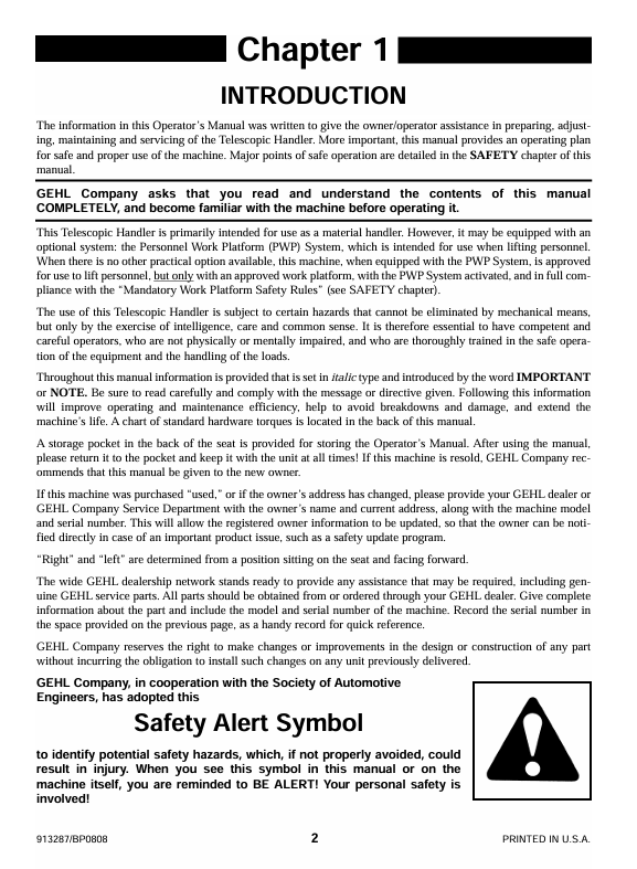 GEHL DYNALIFT DL Series Telescopic Handler Manual 913287 PDF