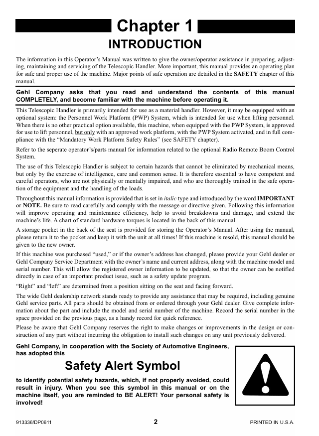 GEHL DYNALIFT DL Series Telescopic Handler Operator Guide 913336 PDF