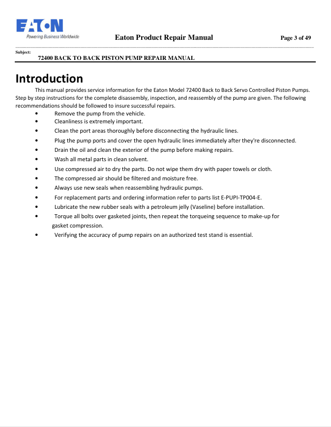GEHL EATON 72400 Back to Back Piston Pump Manual PDF 50940605