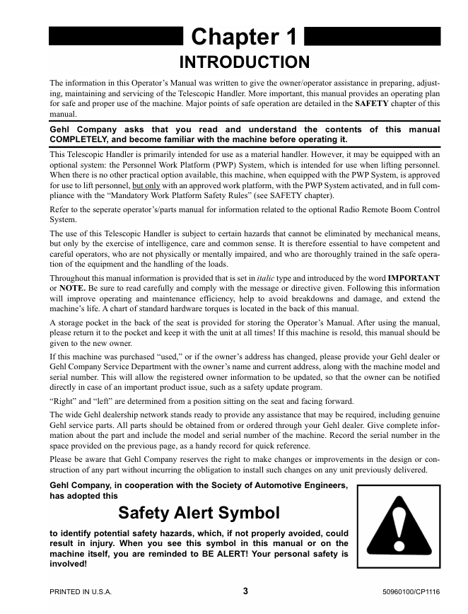 GEHL Gen:2 Telescopic Handler Operator Manual 50960100 PDF