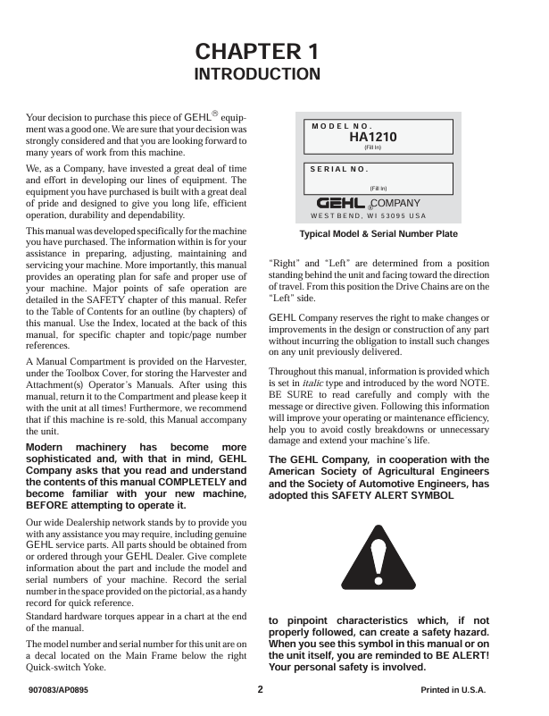 GEHL HA1210 Hay Attachment Service Operator Manual 907083 PDF