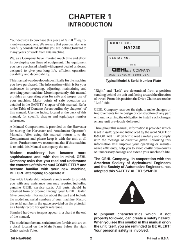 GEHL HA1240 Hay Attachment Operation and Maintenance Manual PDF