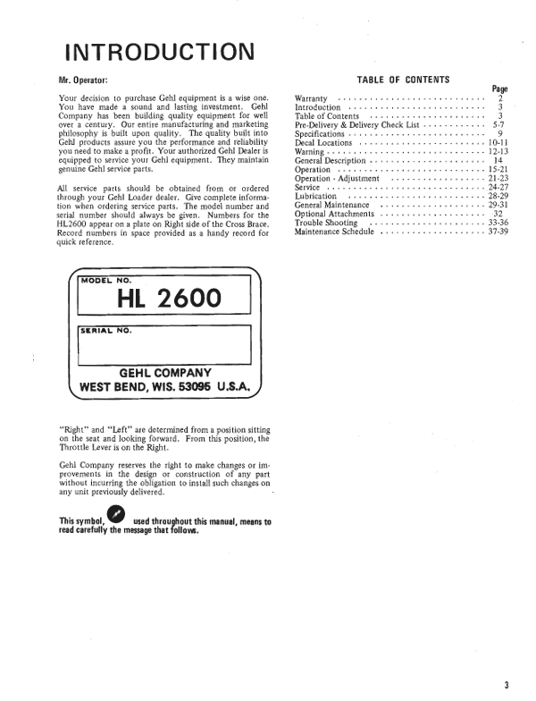 GEHL HL 2600 Wheel Loader Operator's Manual 901989 PDF