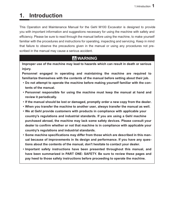 GEHL M100 Compact Excavator Factory Operator Manual 50940495 PDF