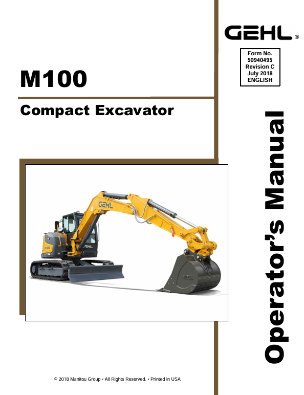 GEHL M100 Compact Excavator Operator Manual 50940495 PDF Download