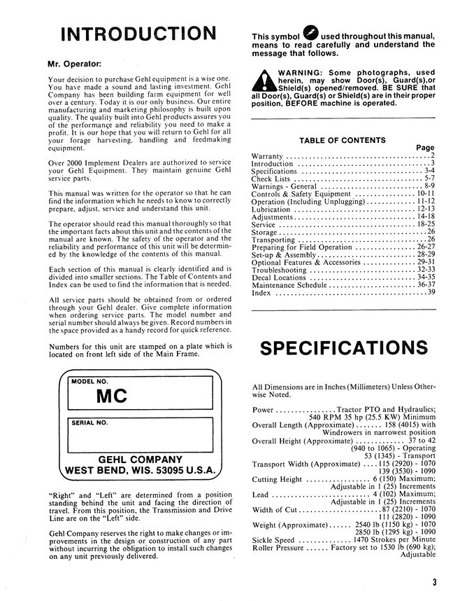 GEHL MC1070 MC1090 Mower Conditioner Owners Operator Manual PDF