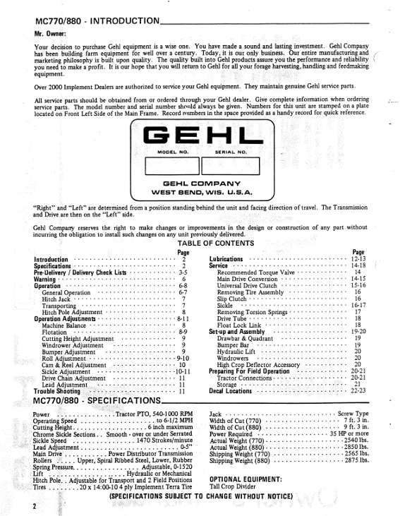 GEHL MC770 MC880 Operator's Manual – Mower Conditioner PDF Download