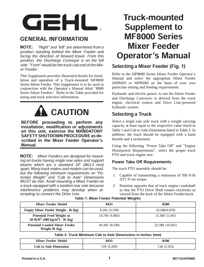 GEHL MF8000 Series Mixer Feeder Operator Manual 907122 PDF Download