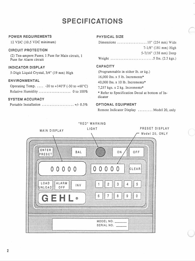 GEHL Model 10/20 Scale Indicator Operation & Maintenance Manual PDF