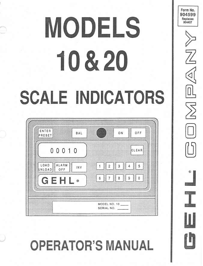 GEHL Model 10 & 20 Scale Indicator Operator Manual 904599 PDF Download