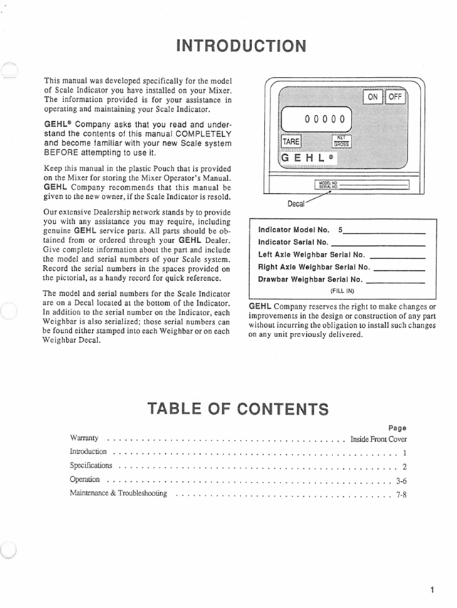 GEHL Model 5 Scale Indicator Owner's Operator Manual 904598 PDF