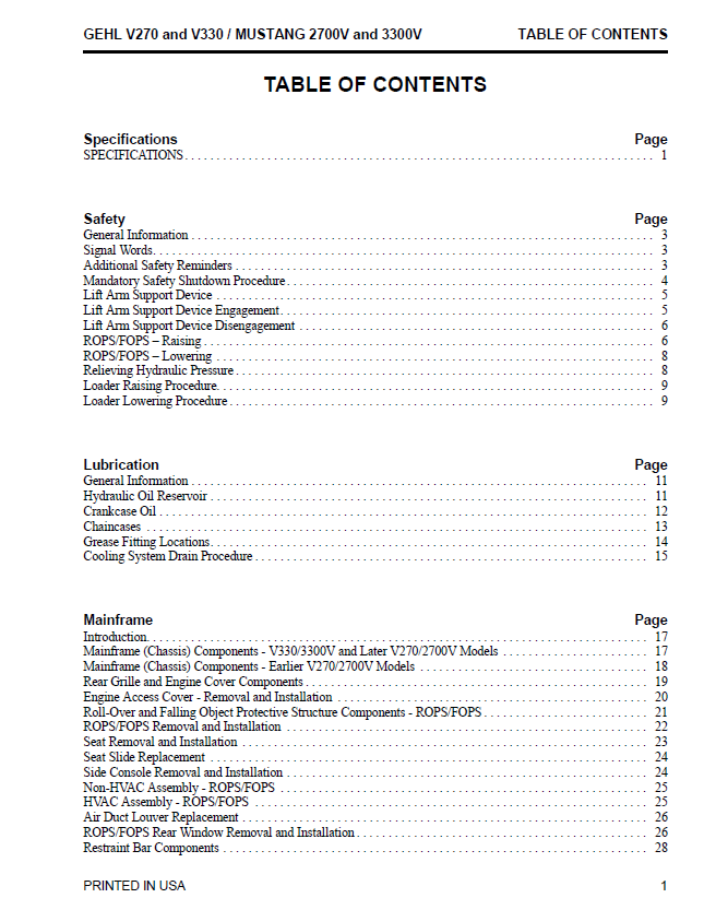 GEHL Mustang 2700V 3300V & GEHL V270 V330 Repair Manual Download