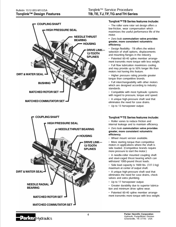 GEHL Parker Low Speed High Torque Hydraulic Motor Manual 918356