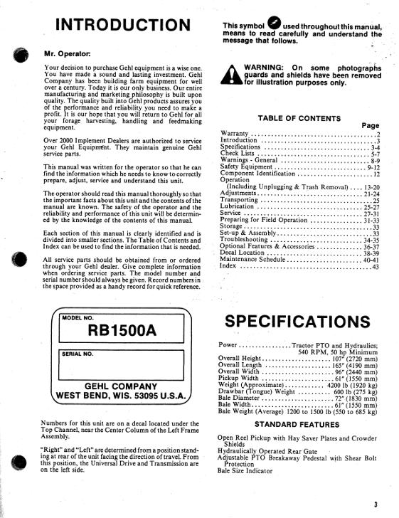 GEHL RB 1500A Round Baler Operator's Manual 902231 PDF