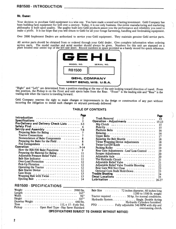 GEHL RB 1500 Round Baler Owner's Manual 901645 PDF