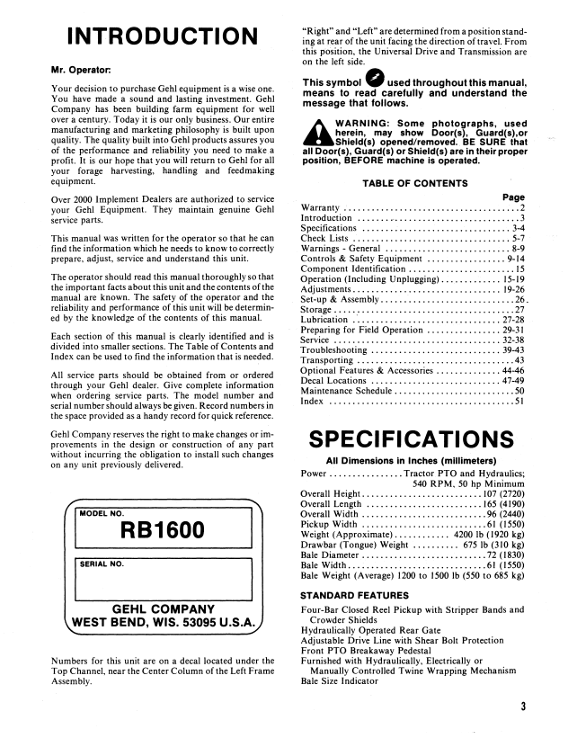 GEHL RB 1600 Round Baler Operator's Manual 902347 PDF
