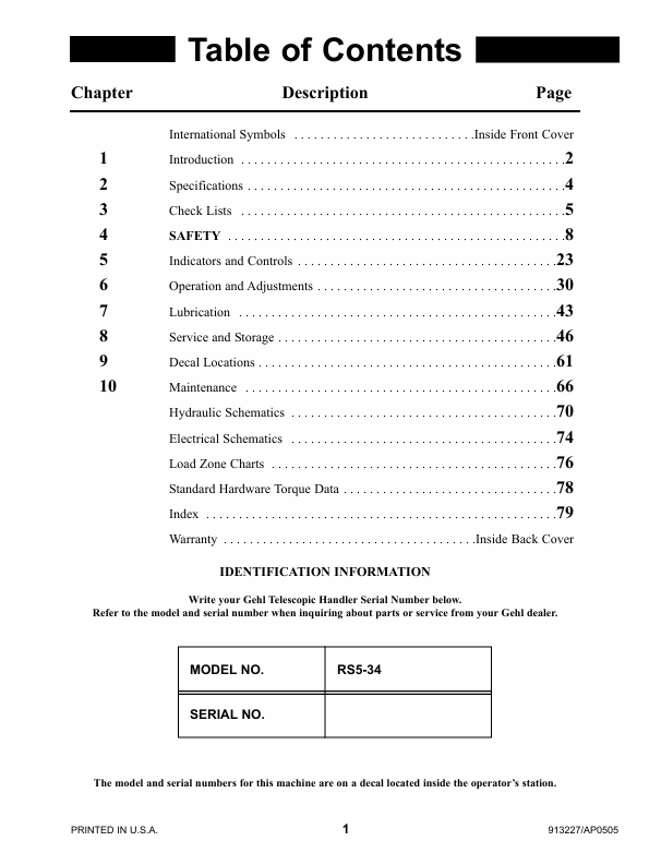 GEHL RS5-34 Telescopic Handler Owners & Operator Manual PDF
