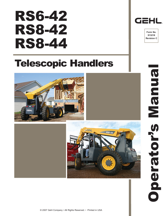 GEHL RS6-42, RS8-42 & RS8-44 Telescopic Handler Operator Manual PDF