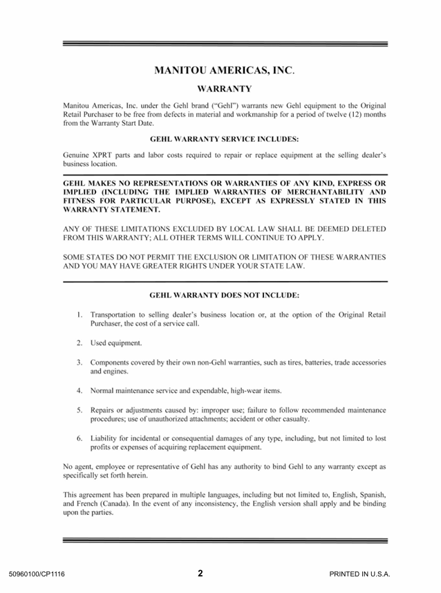 GEHL RS6-42 to RS12-42 Gen:2 Operator Manual 50960100 PDF