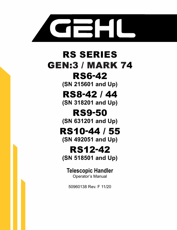GEHL RS Series Gen 3 Mark 74 Telehandler Operator Manual PDF