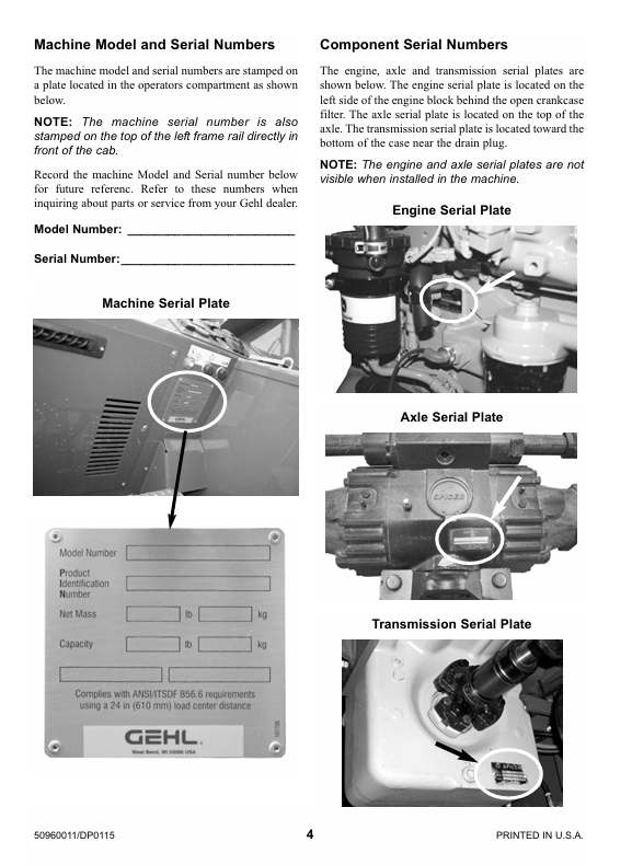 GEHL RS Series Telescopic Handler Operator Manual 50960011 PDF