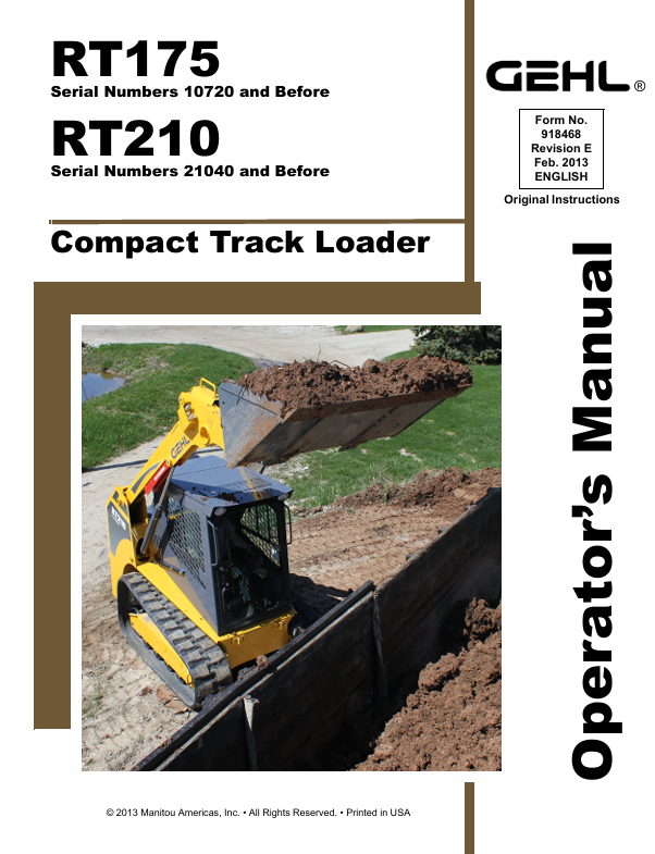 GEHL RT175 RT210 Compact Track Loader Operator Manual 918468 PDF