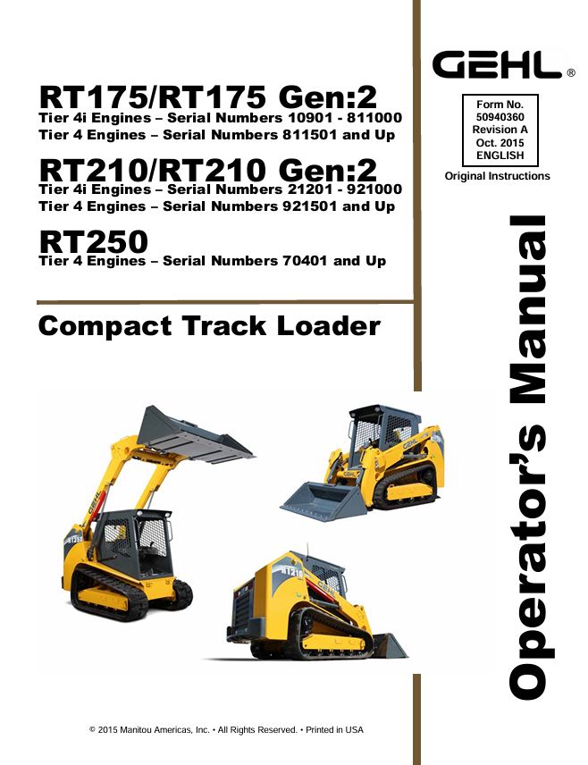 GEHL RT175 RT210 RT250 Compact Track Loader Operator Manual PDF 50940360