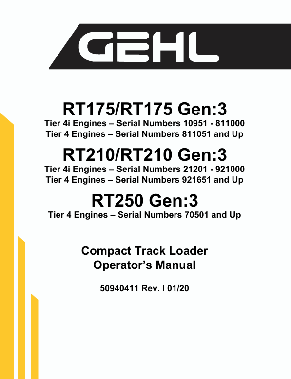 GEHL RT175, RT210 & RT250 Gen:3 Compact Track Loader Operator Manual PDF (50940411)