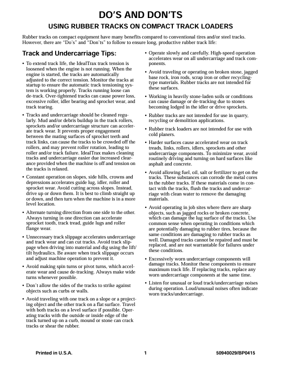 GEHL RT Series Rubber Tracks Do's & Don'ts Operator Manual 50940029 PDF
