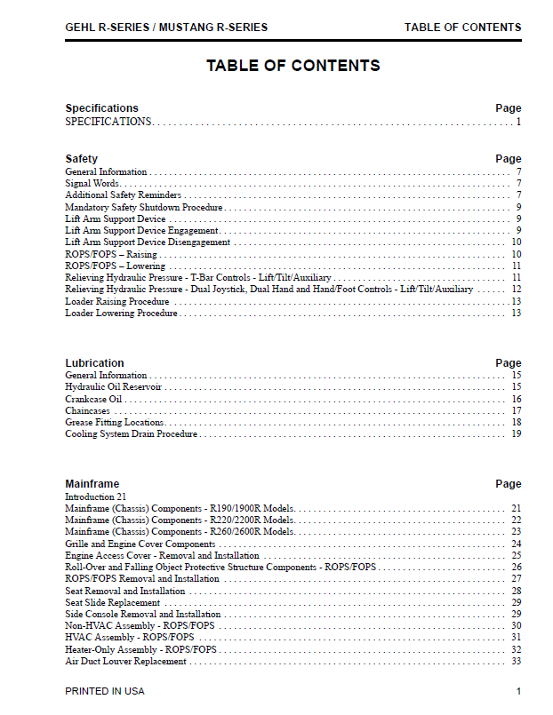 GEHL R Series & Mustang 1900R-2600R Skid Steer Workshop Manual PDF