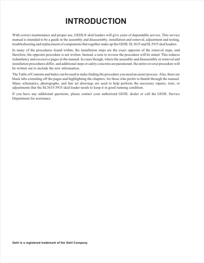 GEHL SL3635 & SL3935 Skid Loader Repair Service Manual PDF