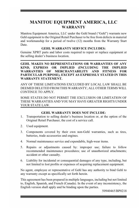 GEHL SL3640E & SL4240E Loader Operator Manual PDF