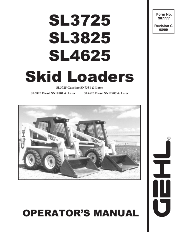 GEHL SL3725 SL3825 SL4625 Skid Loader Operator Manual 907777 PDF