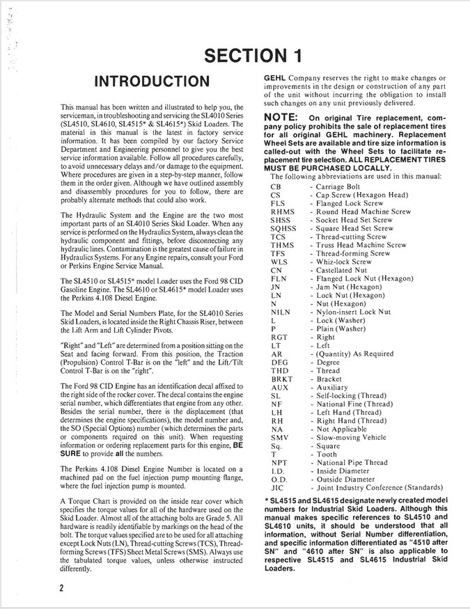 GEHL SL4510 Gasoline & SL4610 Diesel Service Manual PDF